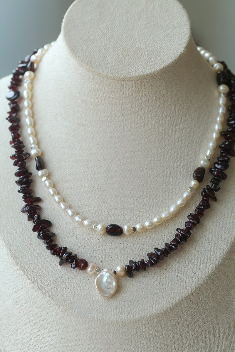 Garnet Stone Freshwater Pearl Beaded Necklace gembea jewelry