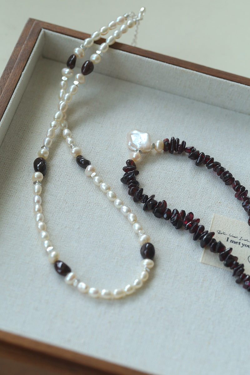 Garnet Stone Freshwater Pearl Beaded Necklace gembea jewelry