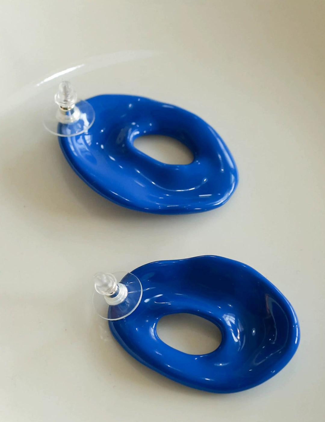 Geometric Oval Hollow Blue Enamel Earrings - Gembea Jewelry