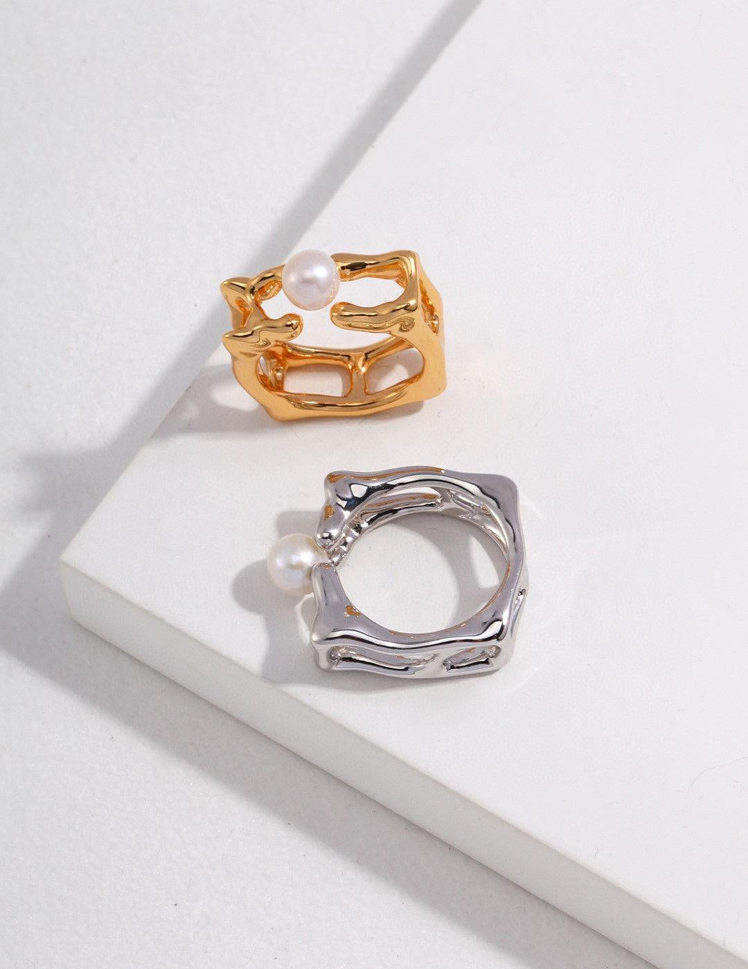 Geometric Square Sterling Silver Pearl Rings - Gembea Jewelry