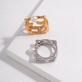Geometric Square Sterling Silver Pearl Rings - Gembea Jewelry