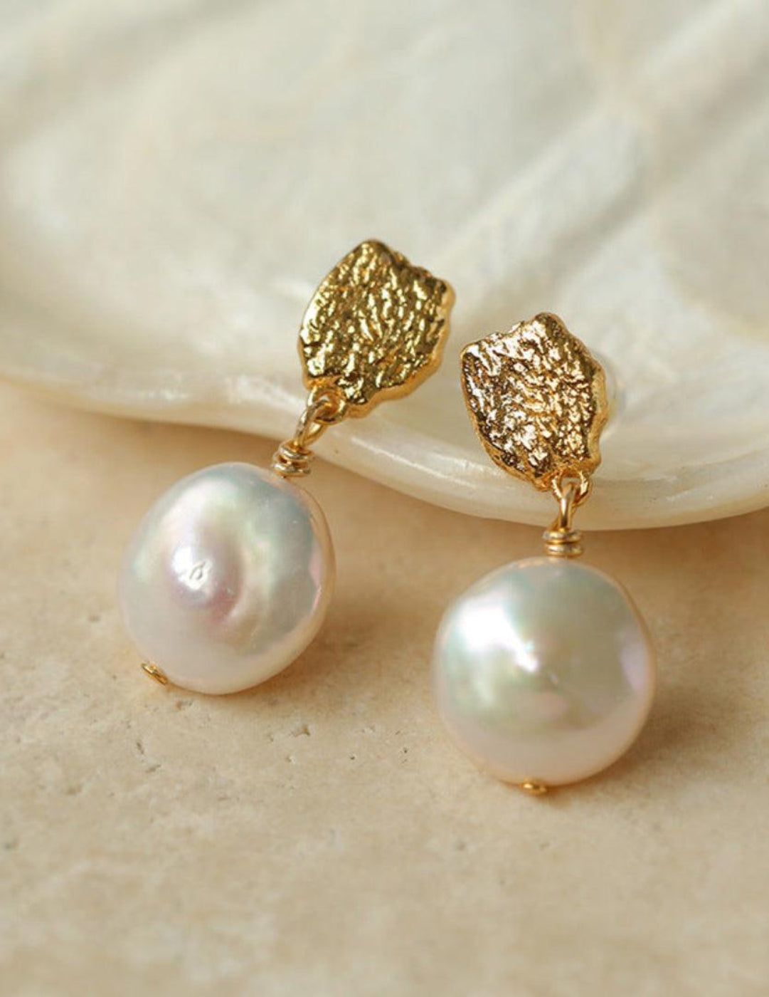 Irregular Gold Coin Button Pearl Earrings - Gembea Jewelry