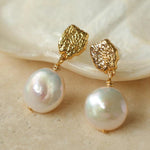 Irregular Gold Coin Button Pearl Earrings - Gembea Jewelry