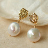 Irregular Gold Coin Button Pearl Earrings - Gembea Jewelry