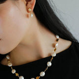 Irregular Gold Coin Button Pearl Earrings - Gembea Jewelry