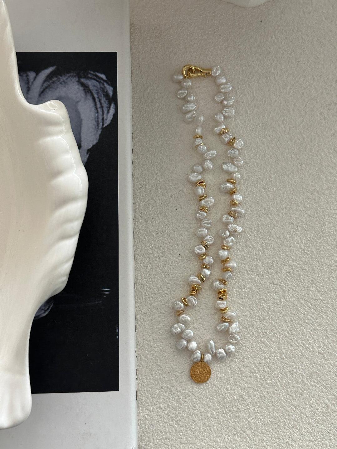 Gold Coin Pendant Baroque Pearl Necklace - Gembea Jewelry