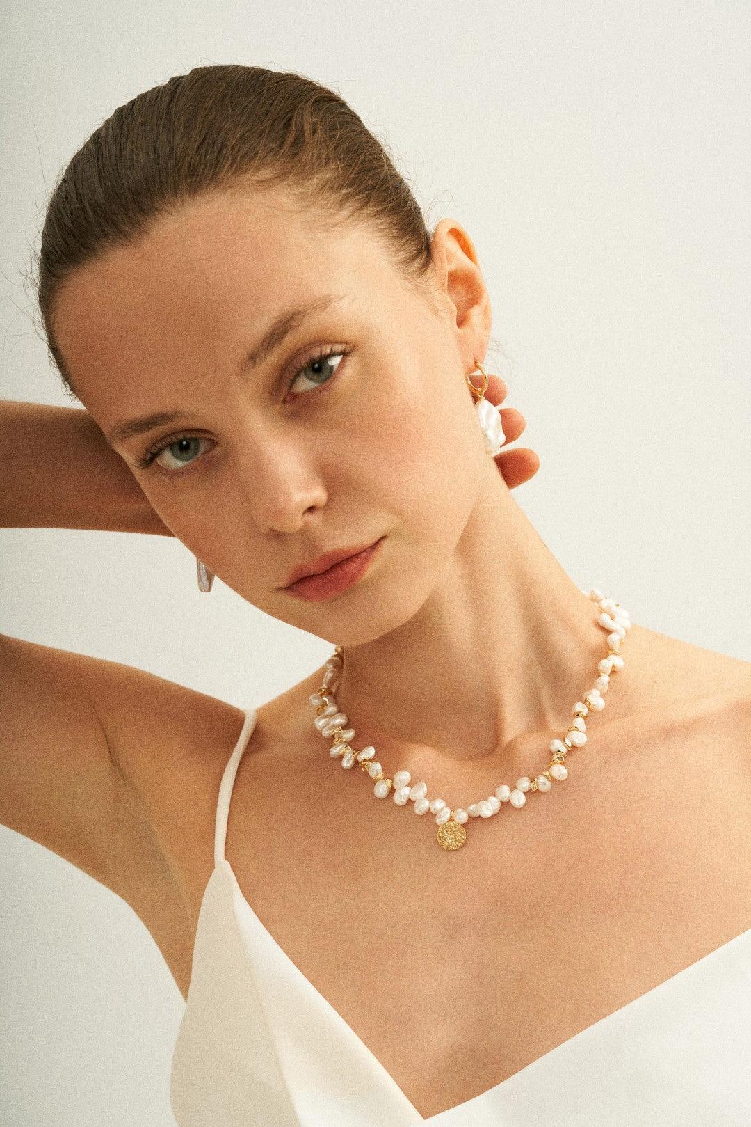 Gold Coin Pendant Baroque Pearl Necklace - Gembea Jewelry