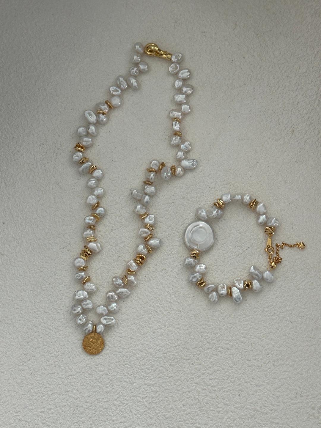 Gold Coin Pendant Baroque Pearl Necklace - Gembea Jewelry