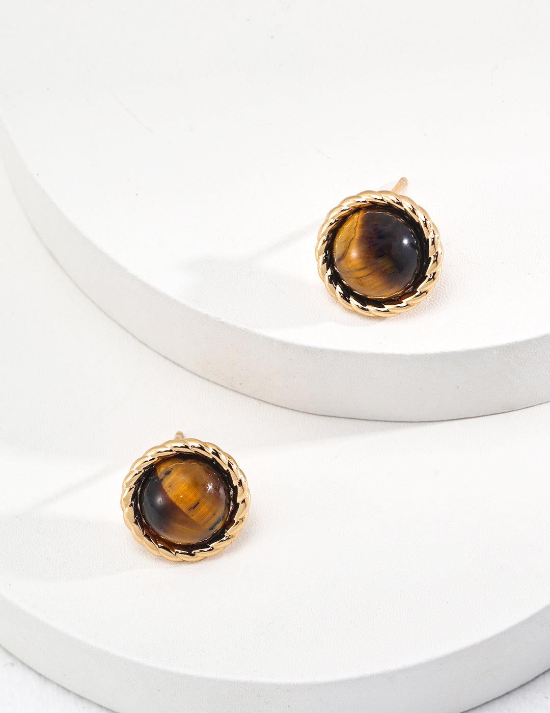 18K Gold Trim Tiger's Eye Earrings - Gembea Jewelry