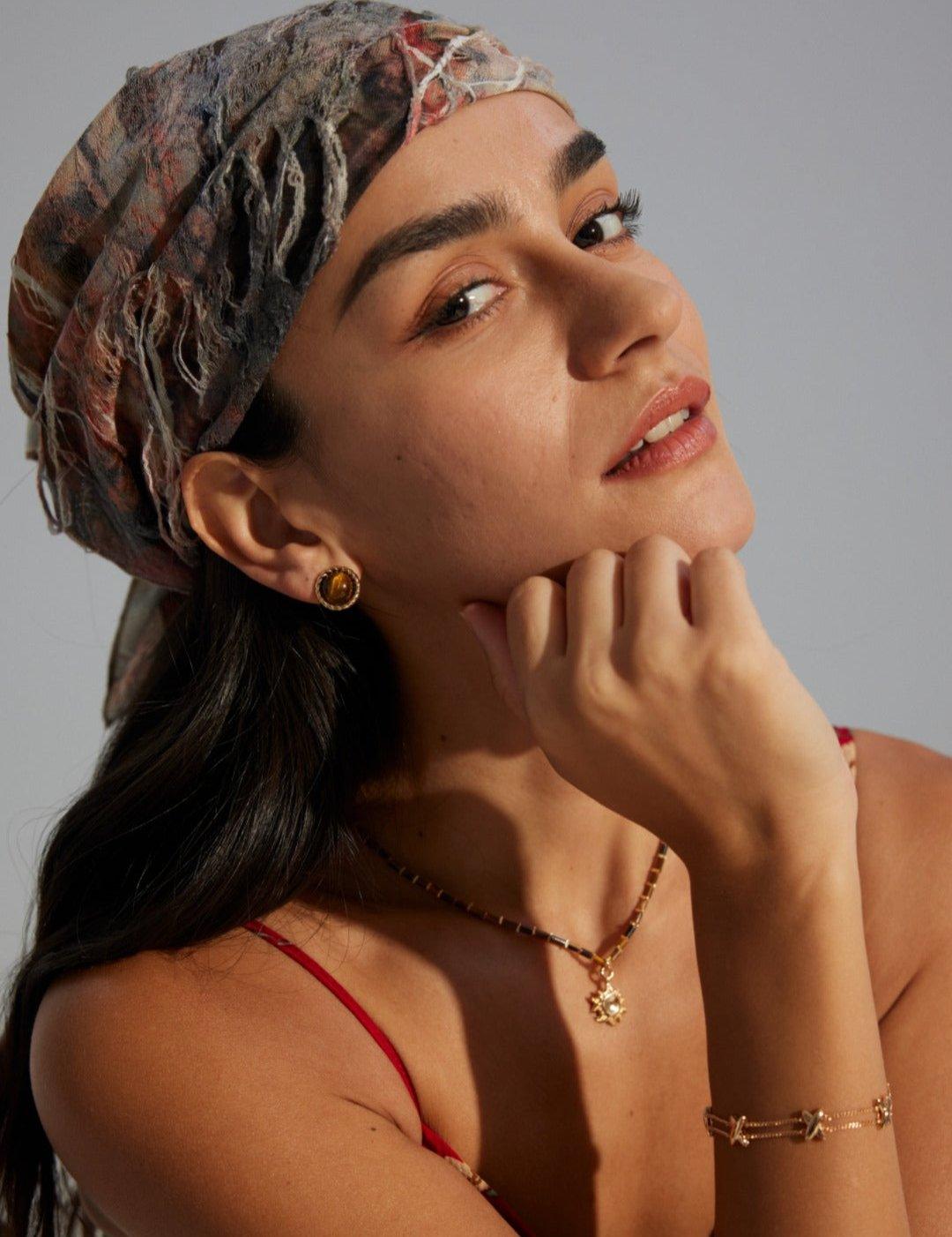 18K Gold Trim Tiger's Eye Earrings - Gembea Jewelry