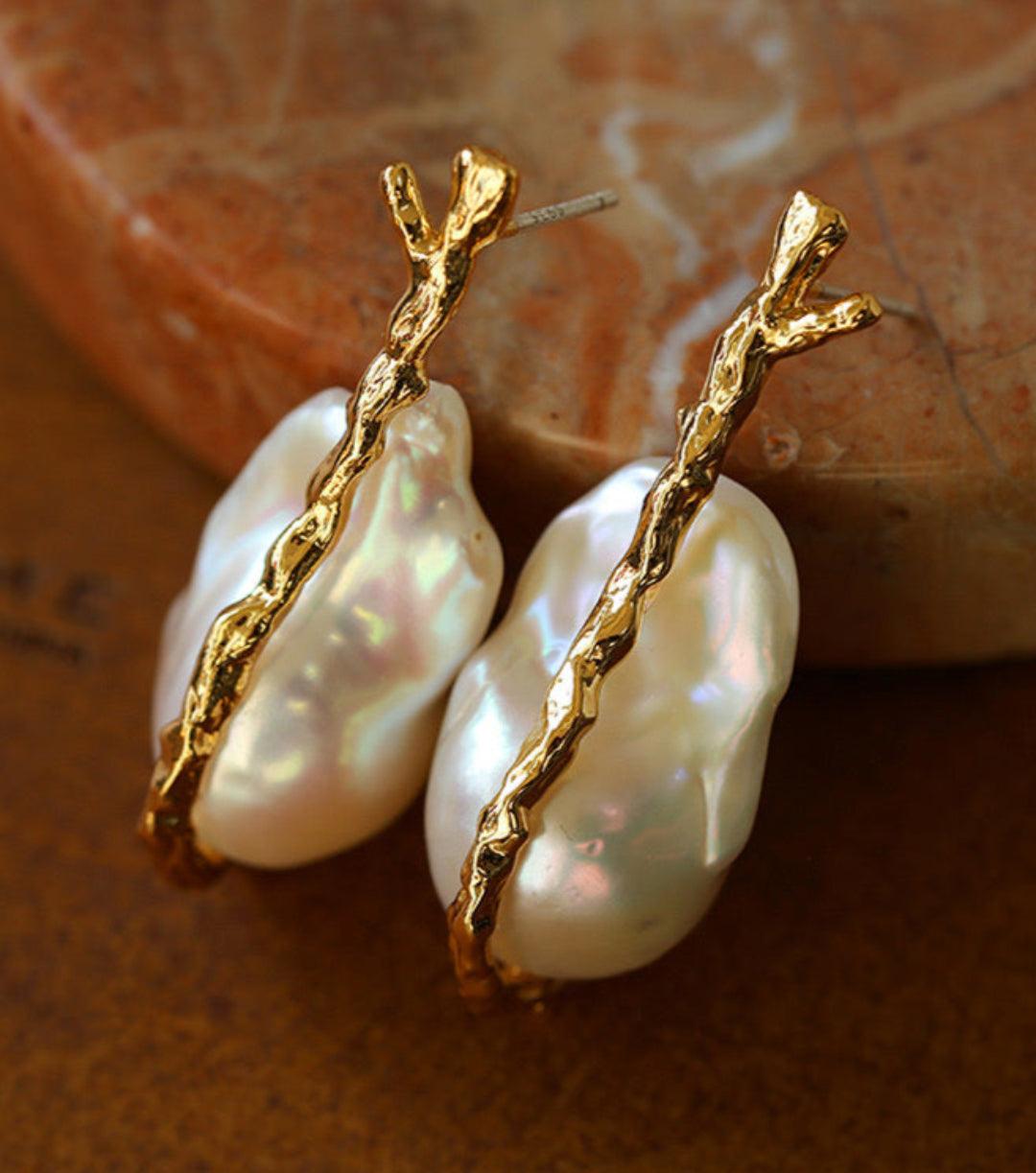 Golden Bough Natural Baroque Pearl Earrings - Gembea Jewelry