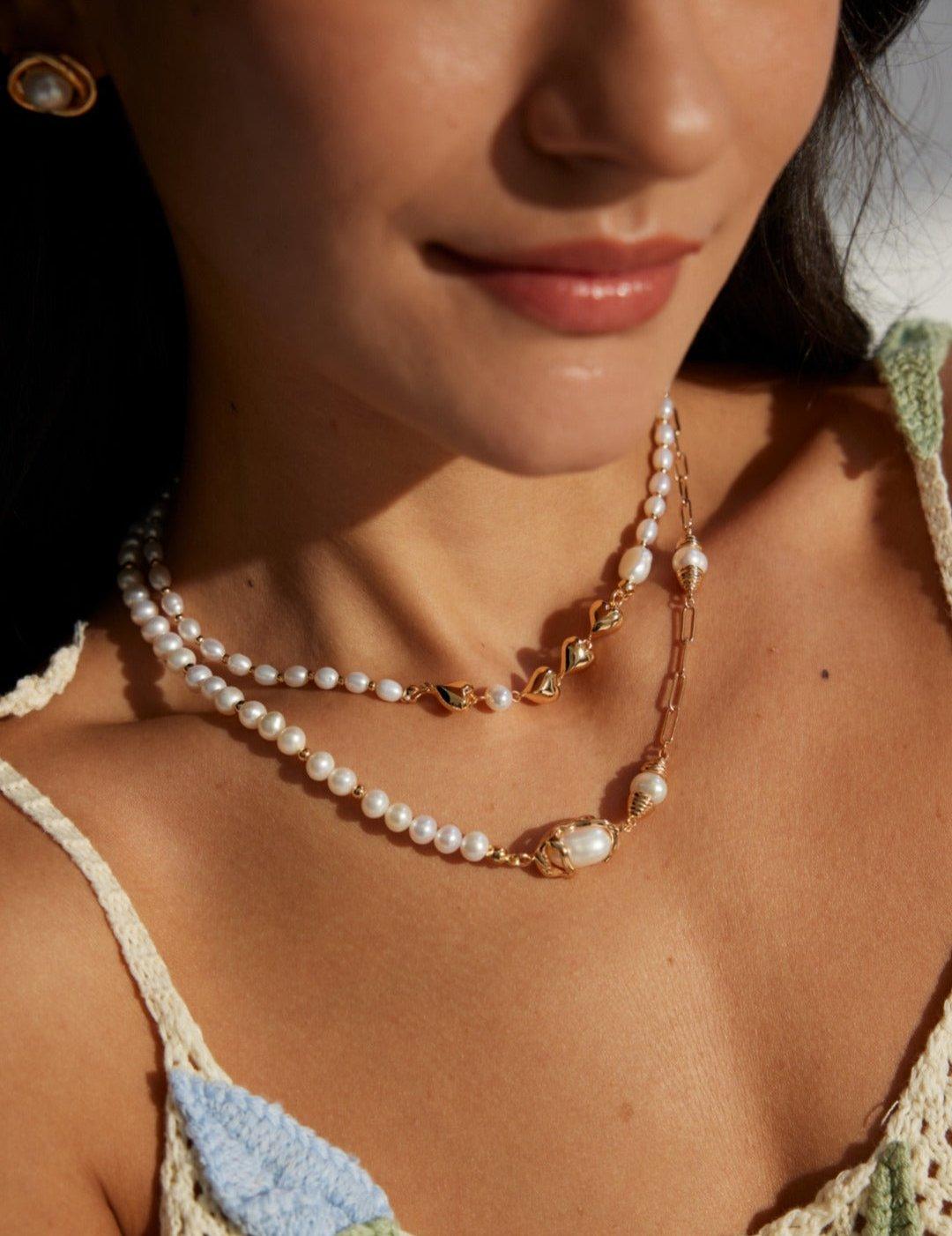 Golden Heart Rice Bead Pearl Necklace - Gembea Jewelry