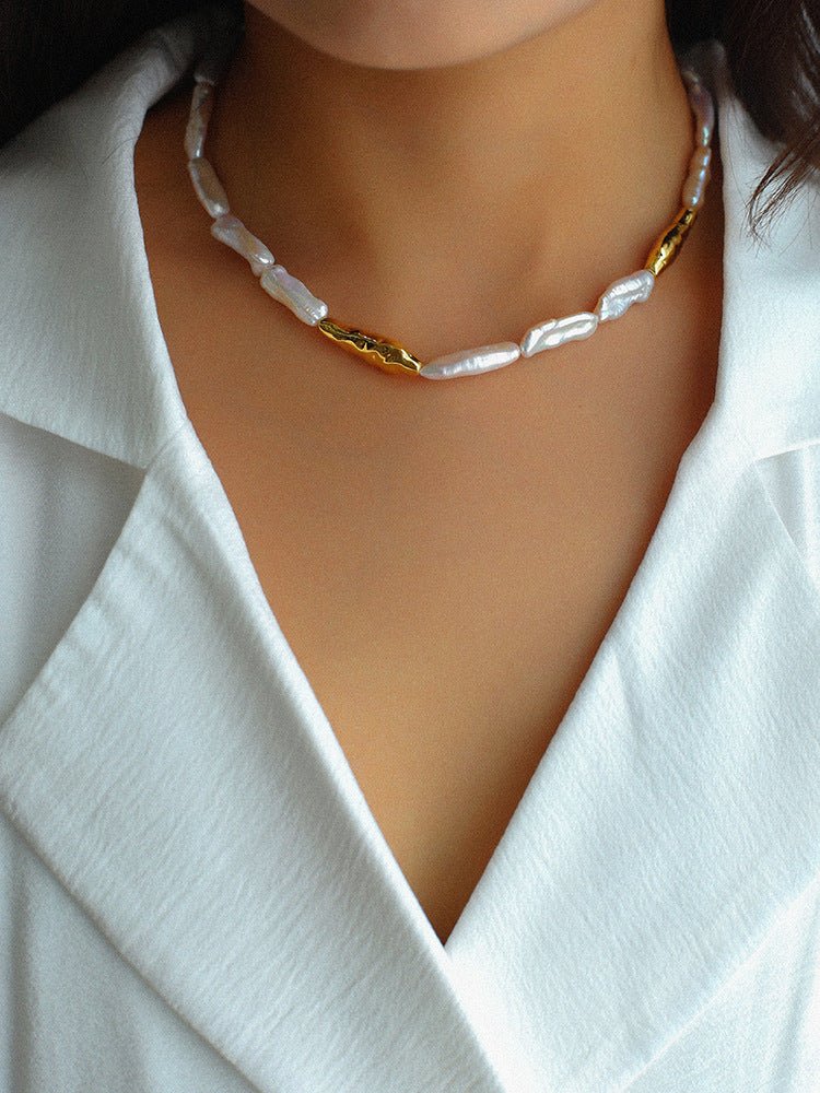 Golden Long Bar Baroque Pearl Necklace gembea jewelry