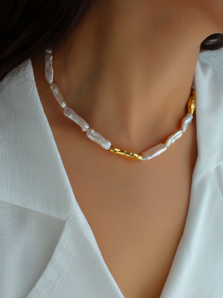 Golden Long Bar Baroque Pearl Necklace gembea jewelry