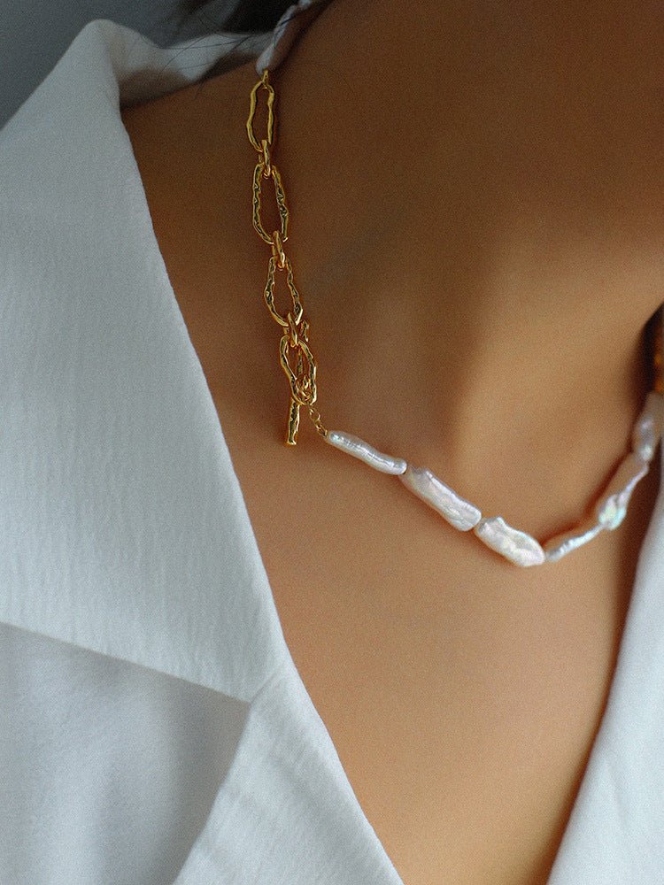 Golden Long Bar Baroque Pearl Necklace gembea jewelry