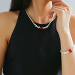 Graduated Silver Bean Red Black Agate Bracelet-Gembea jewelry