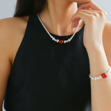 Graduated Silver Bean Red Black Agate Bracelet-Gembea jewelry