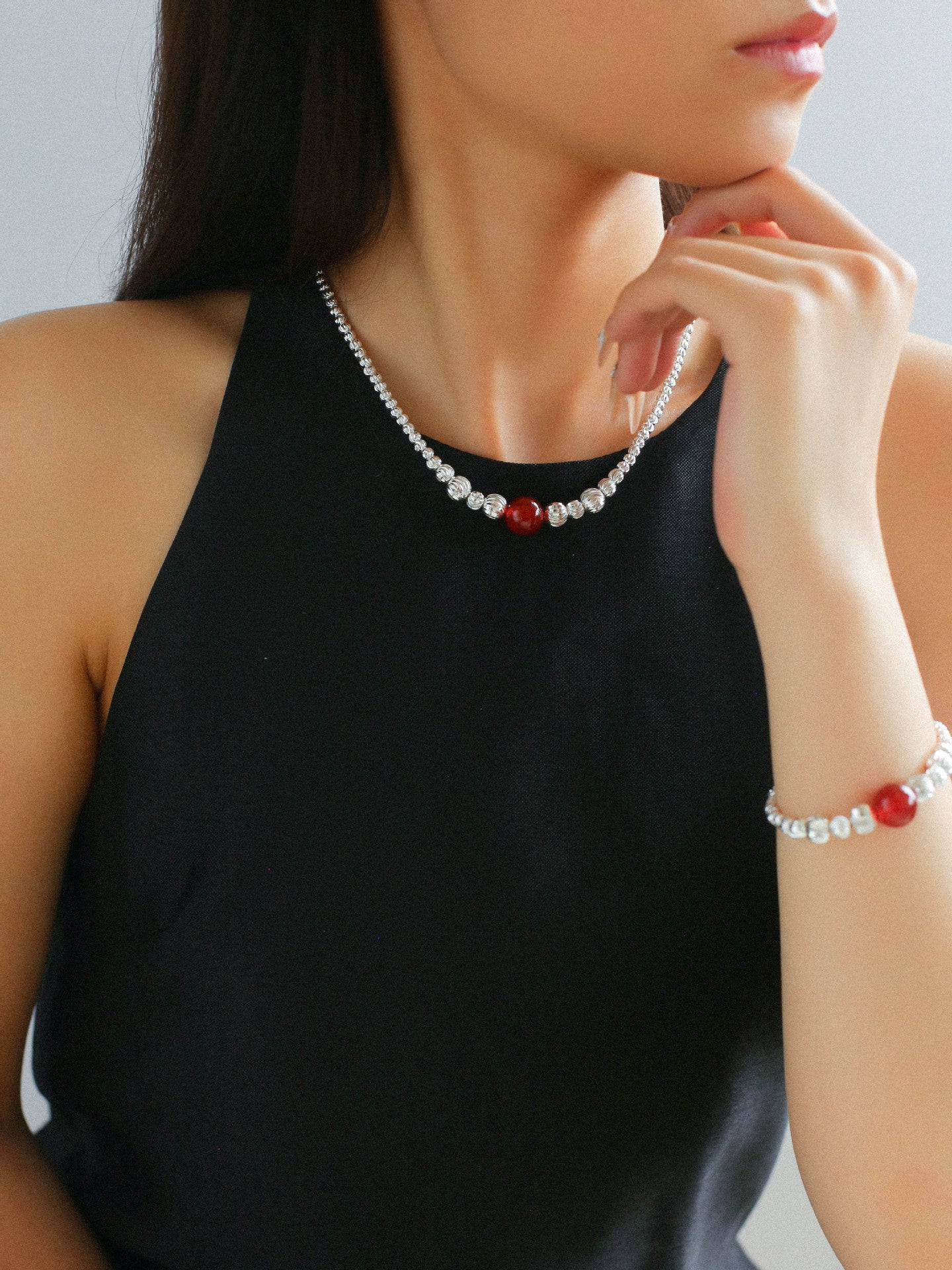 Graduated Silver Bean Red Black Agate Bracelet-Gembea jewelry