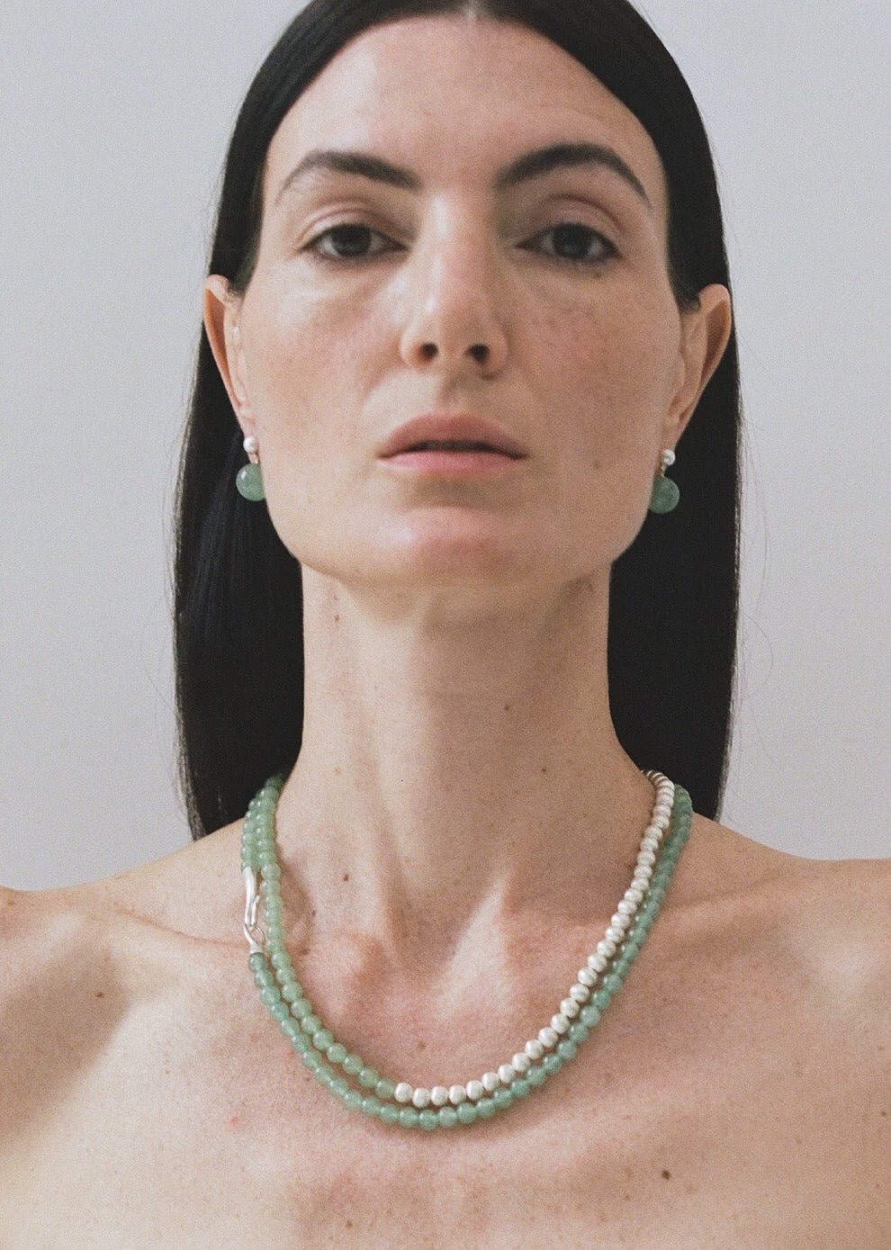 Green Eastern Jade Silver Bead Necklace gembea jewelry