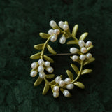 Green Leaf Peach Blossom Pearl Brooch gembea jewelry