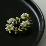 Green Leaf Peach Blossom Pearl Brooch gembea jewelry