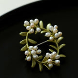 Green Leaf Peach Blossom Pearl Brooch gembea jewelry