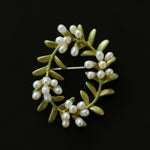 Green Leaf Peach Blossom Pearl Brooch gembea jewelry