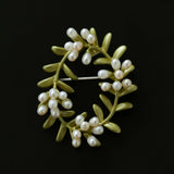 Green Leaf Peach Blossom Pearl Brooch gembea jewelry