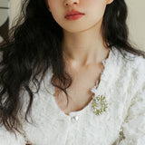 Green Leaf Peach Blossom Pearl Brooch gembea jewelry