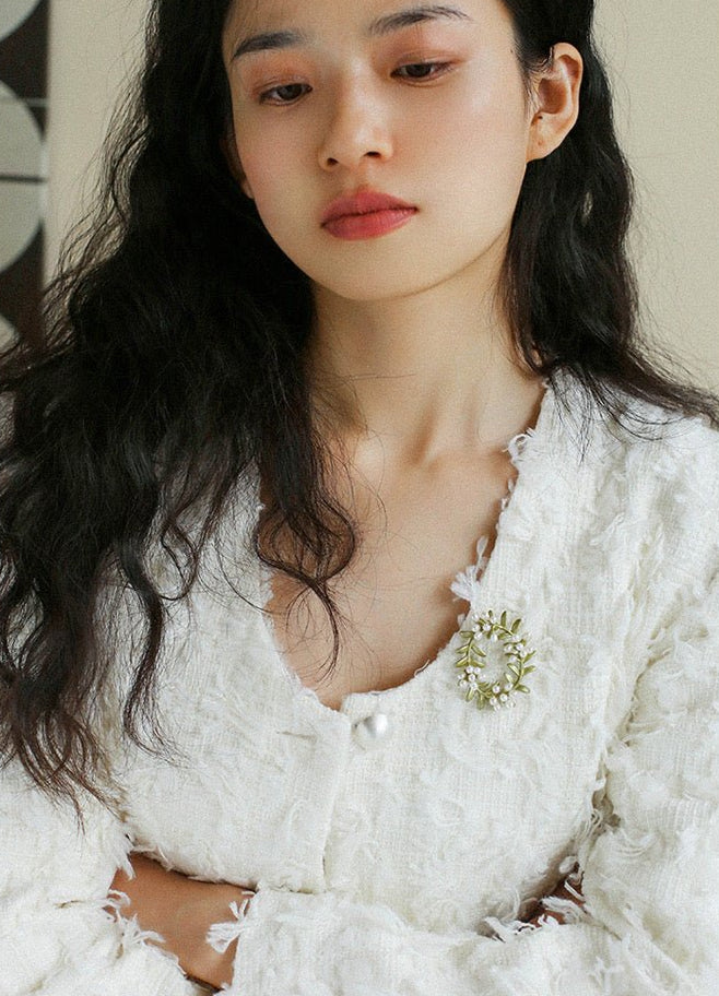 Green Leaf Peach Blossom Pearl Brooch gembea jewelry