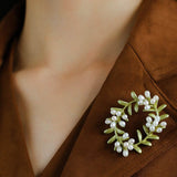 Green Leaf Peach Blossom Pearl Brooch gembea jewelry