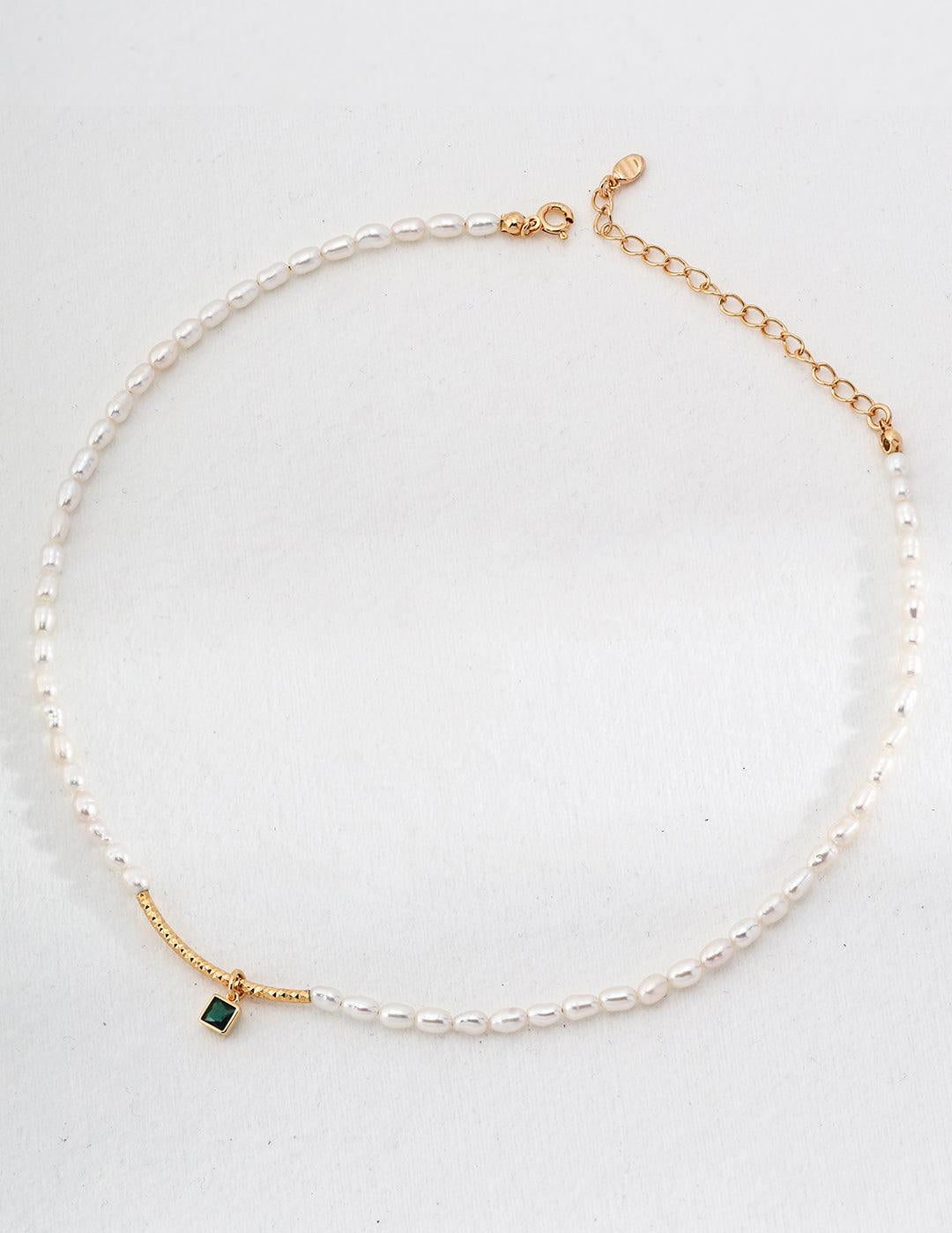 Green Zircon Pendant Rice Pearl Necklace - Gembea Jewelry