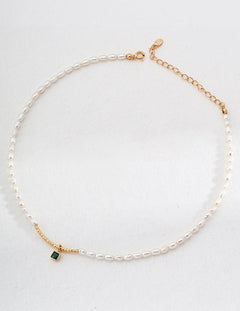 Green Zircon Pendant Rice Pearl Necklace - Gembea Jewelry