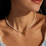 Green Zircon Pendant Rice Pearl Necklace - Gembea Jewelry