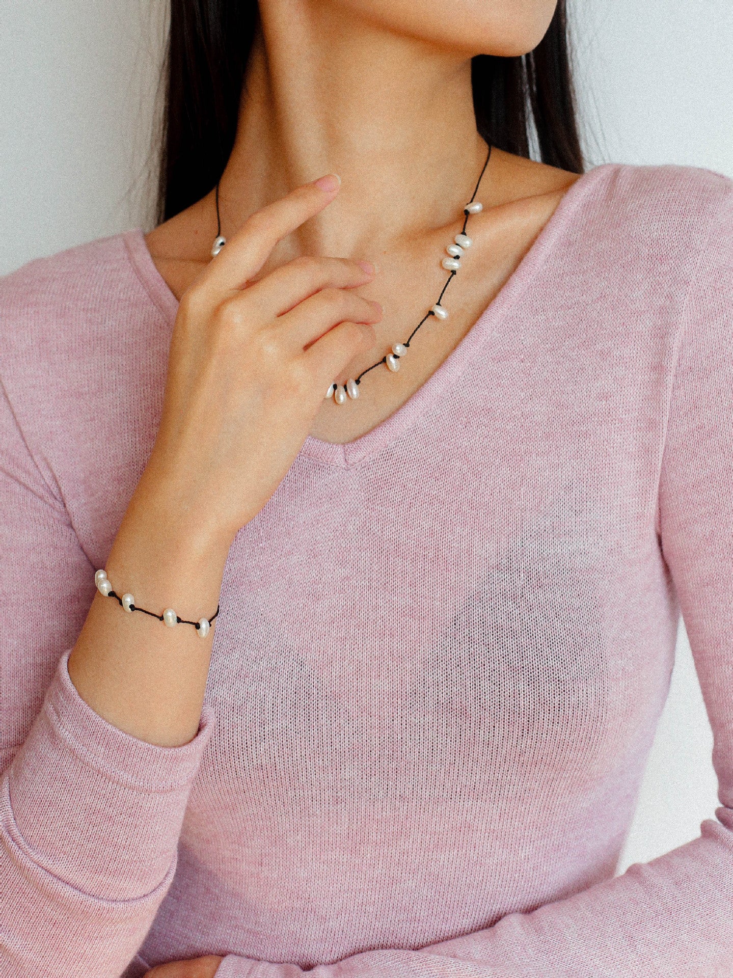 Handmade Black Rope Knotted Pearl Necklace-Gembea Jewelry