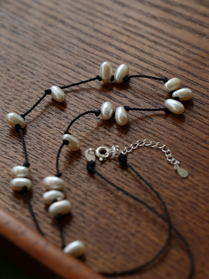 Handmade Black Rope Knotted Pearl Necklace-Gembea Jewelry