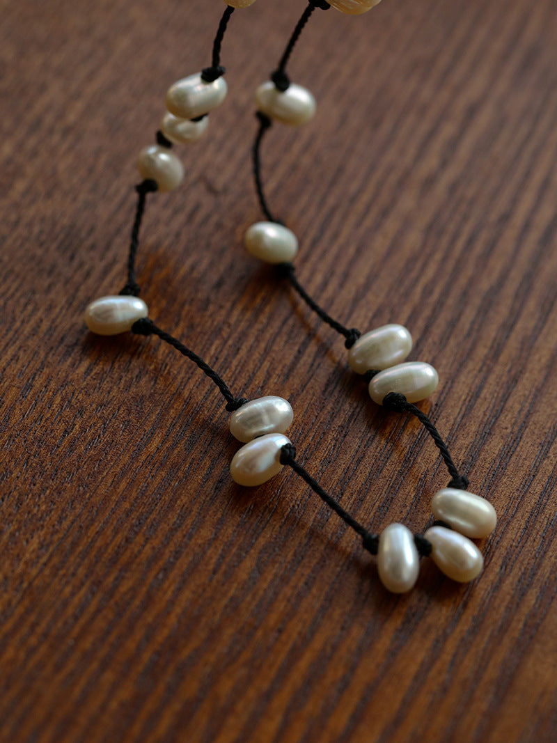 Handmade Black Rope Knotted Pearl Necklace-Gembea Jewelry