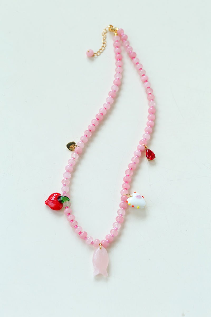 Heart Fish Pendant Pink Stone Beaded Necklace gembea jewelry