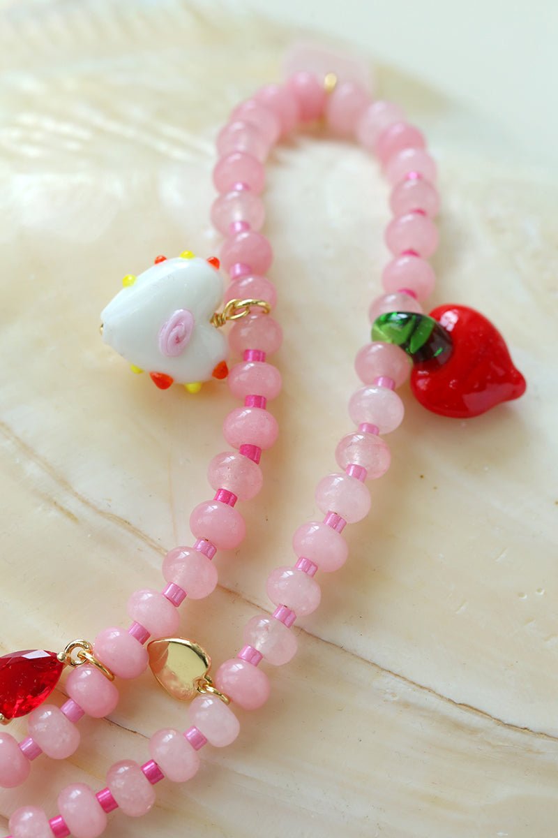 Heart Fish Pendant Pink Stone Beaded Necklace gembea jewelry