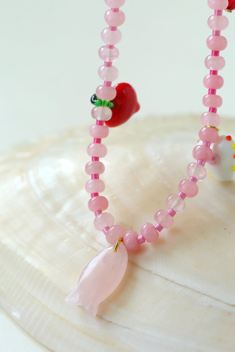 Heart Fish Pendant Pink Stone Beaded Necklace gembea jewelry