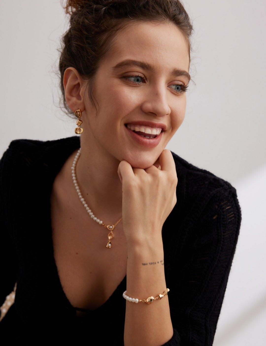 Hollow Diamond Freshwater Pearl Pendant Earrings - Gembea Jewelry