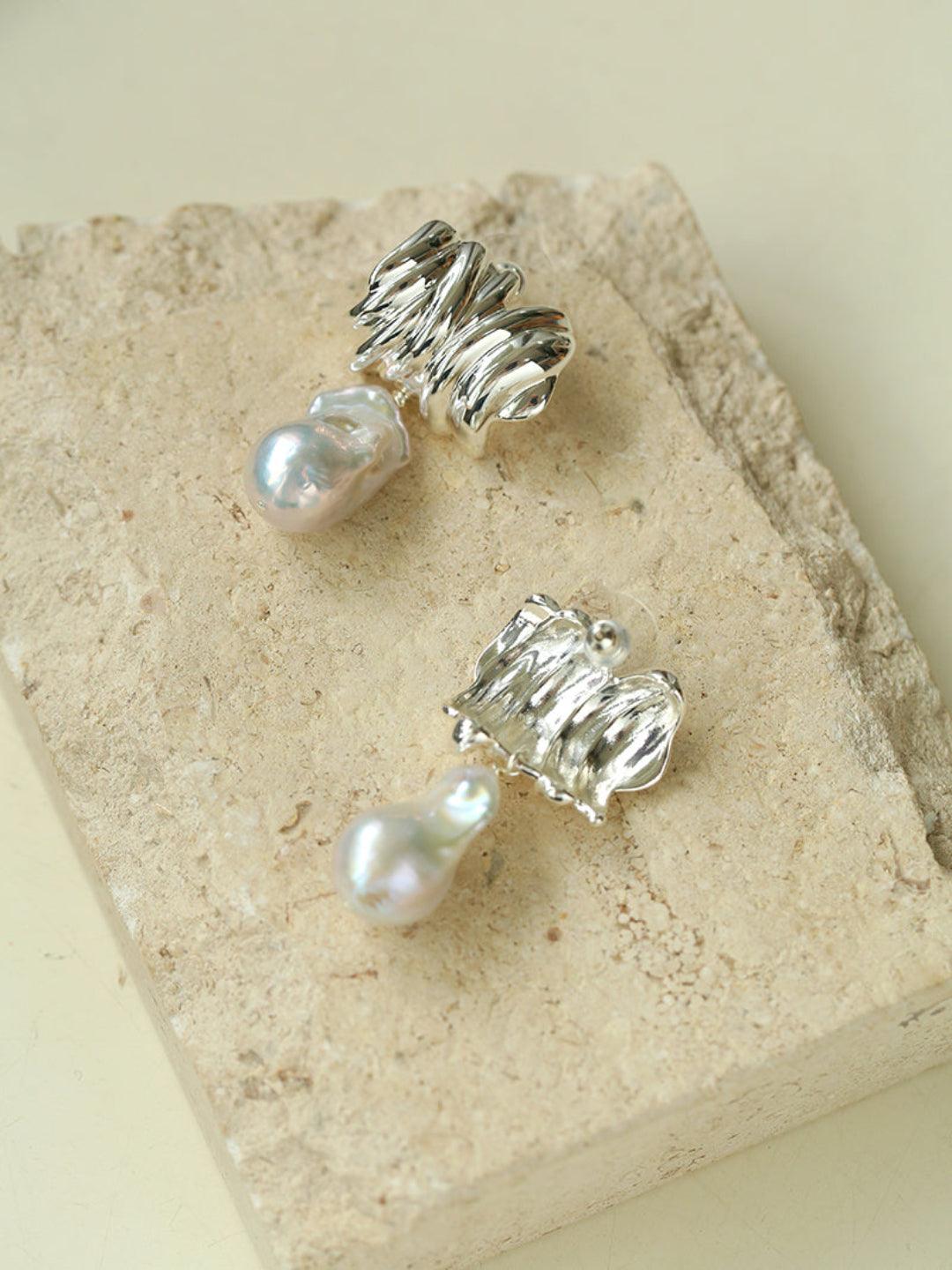 Irregular Geometric Metal Baroque Pearl Earrings - Gembea Jewelry