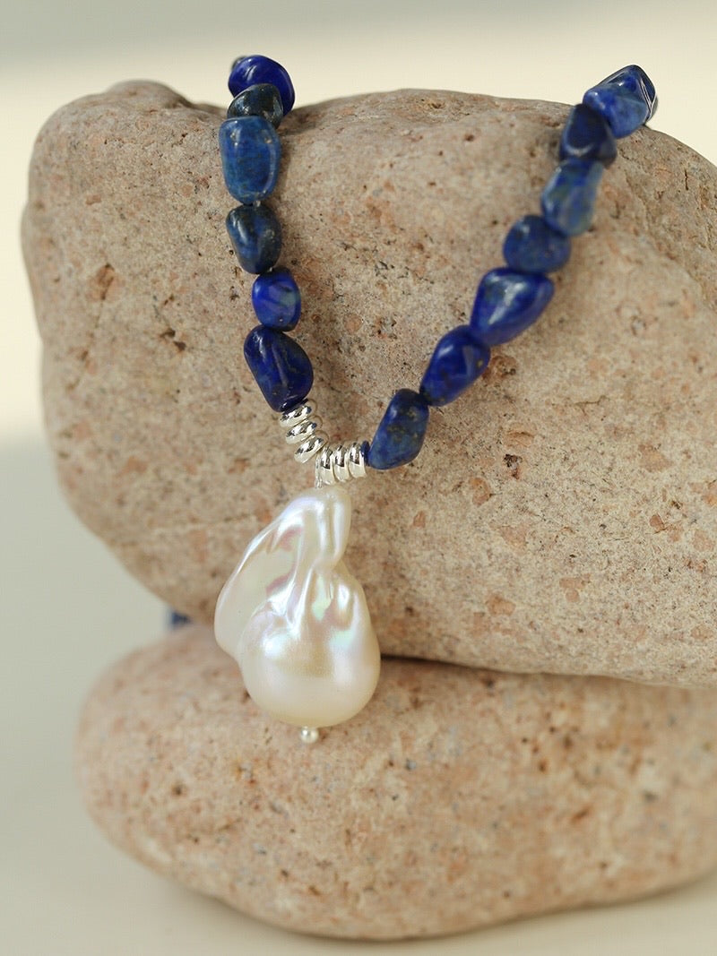 Lapis Lazuli Beaded Baroque Pearl Necklace gembea jewelry