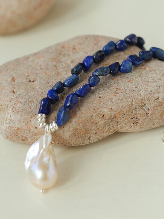 Lapis Lazuli Beaded Baroque Pearl Necklace gembea jewelry