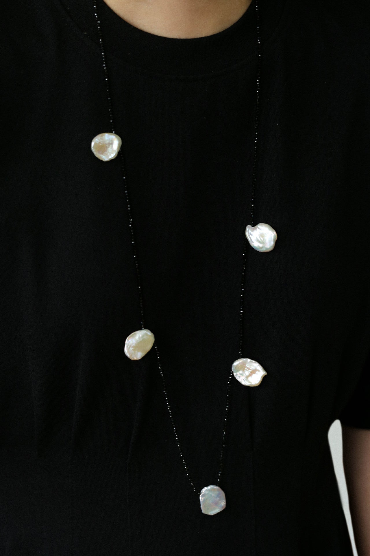 Large Petal Baroque Pearl Black Spinel Necklace-Gembea Jewelry