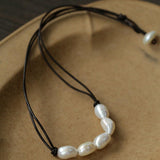 Short Handmade Leather Rope Natural Pearl Necklace - Gembea Jewelry