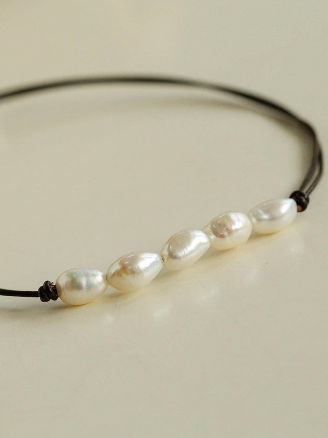 Short Handmade Leather Rope Natural Pearl Necklace - Gembea Jewelry