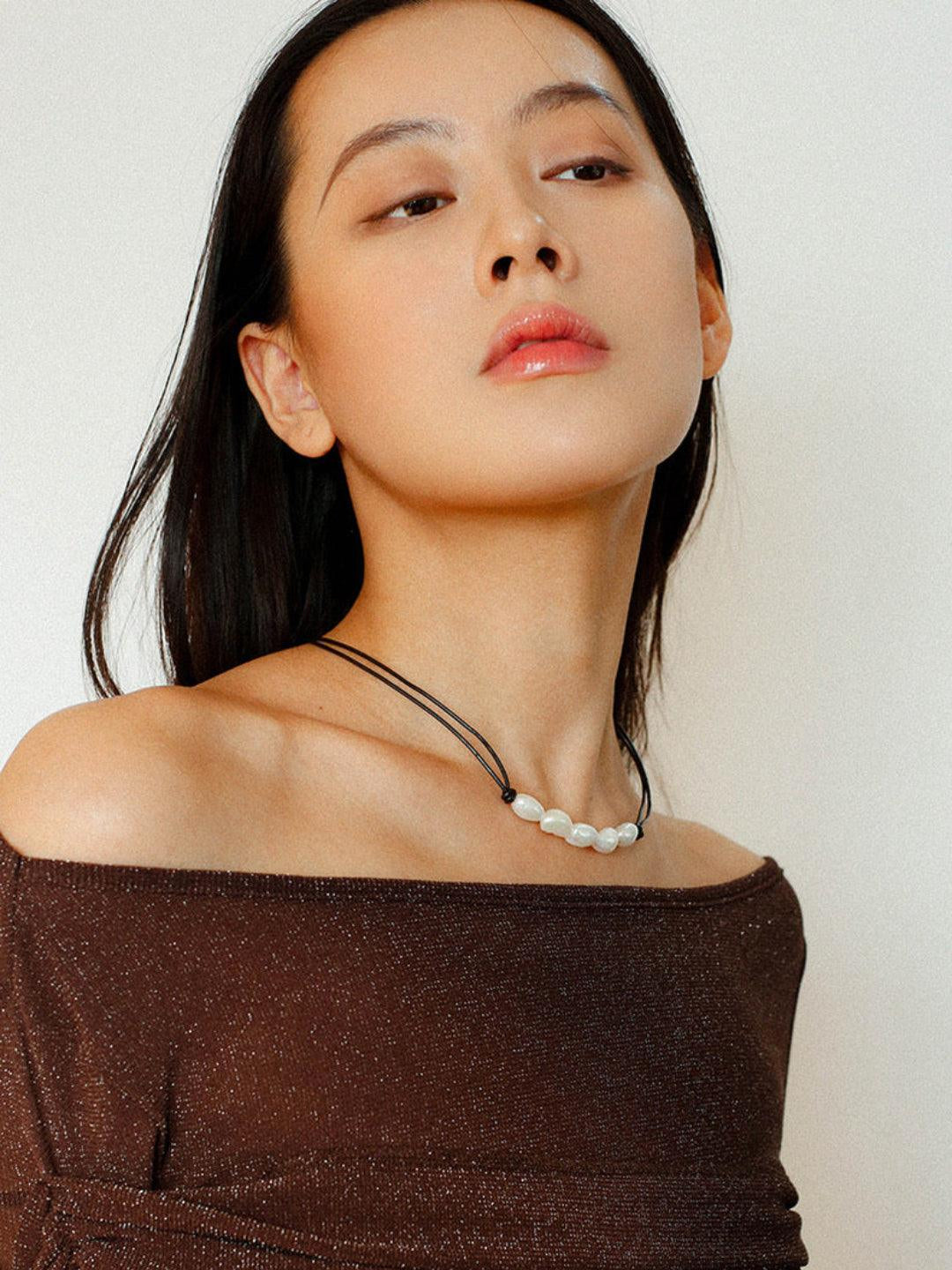 Short Handmade Leather Rope Natural Pearl Necklace - Gembea Jewelry