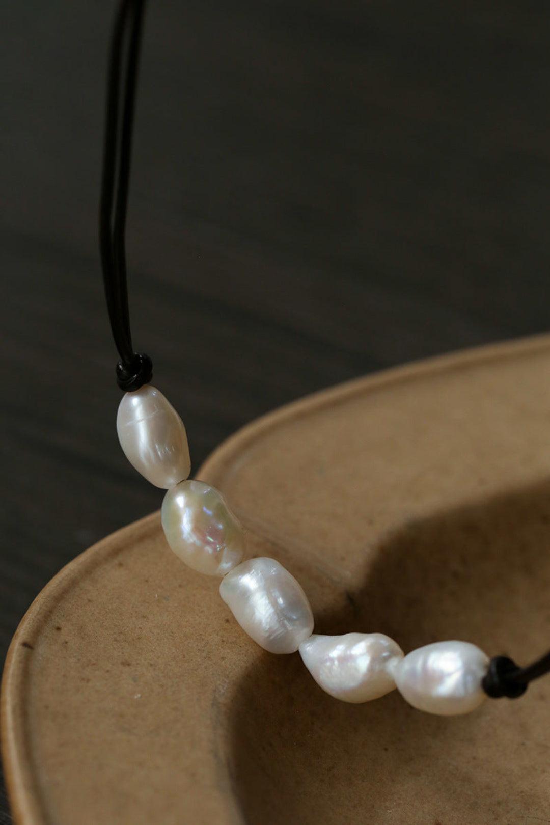Short Handmade Leather Rope Natural Pearl Necklace - Gembea Jewelry