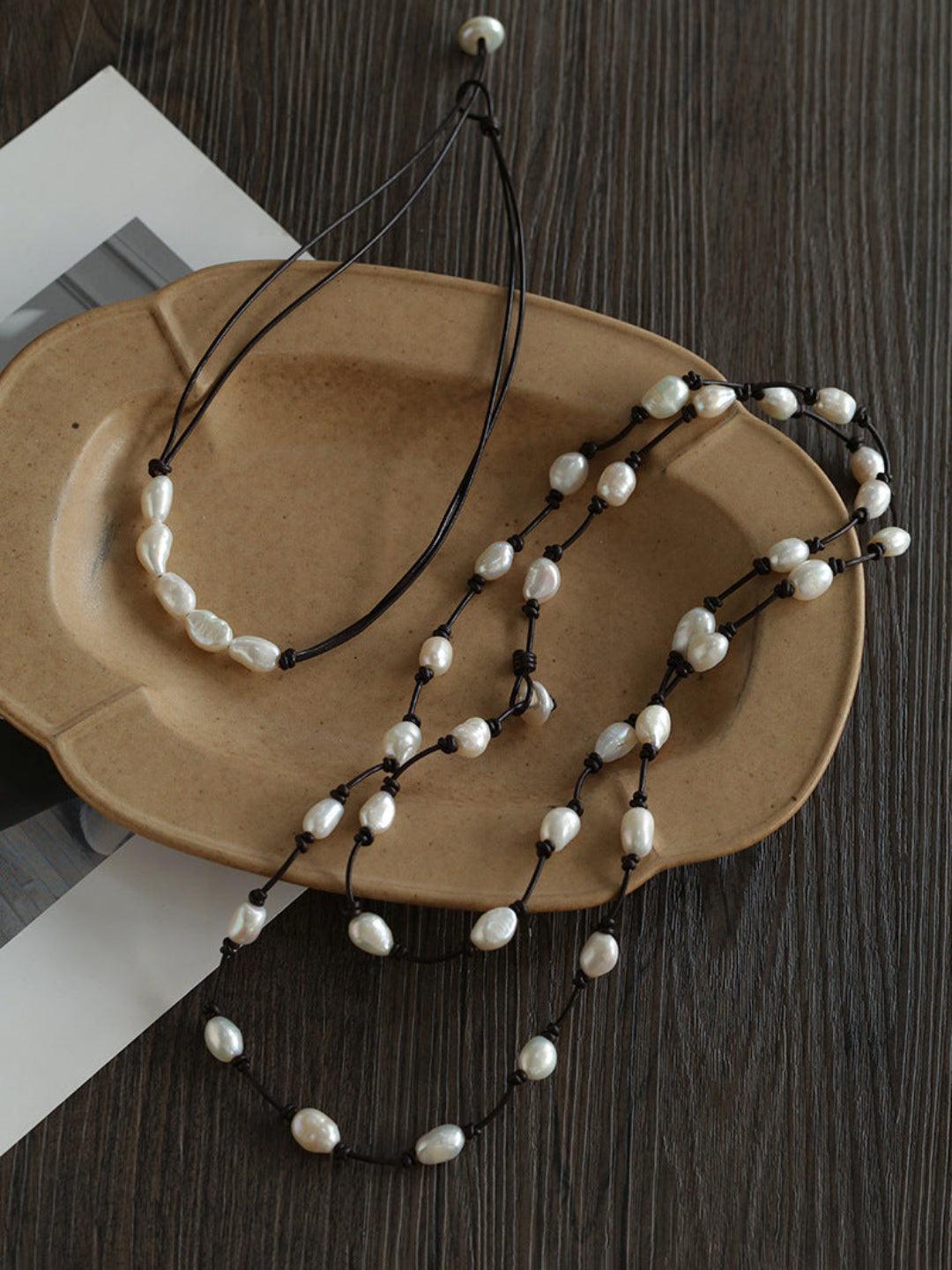 Short Handmade Leather Rope Natural Pearl Necklace - Gembea Jewelry